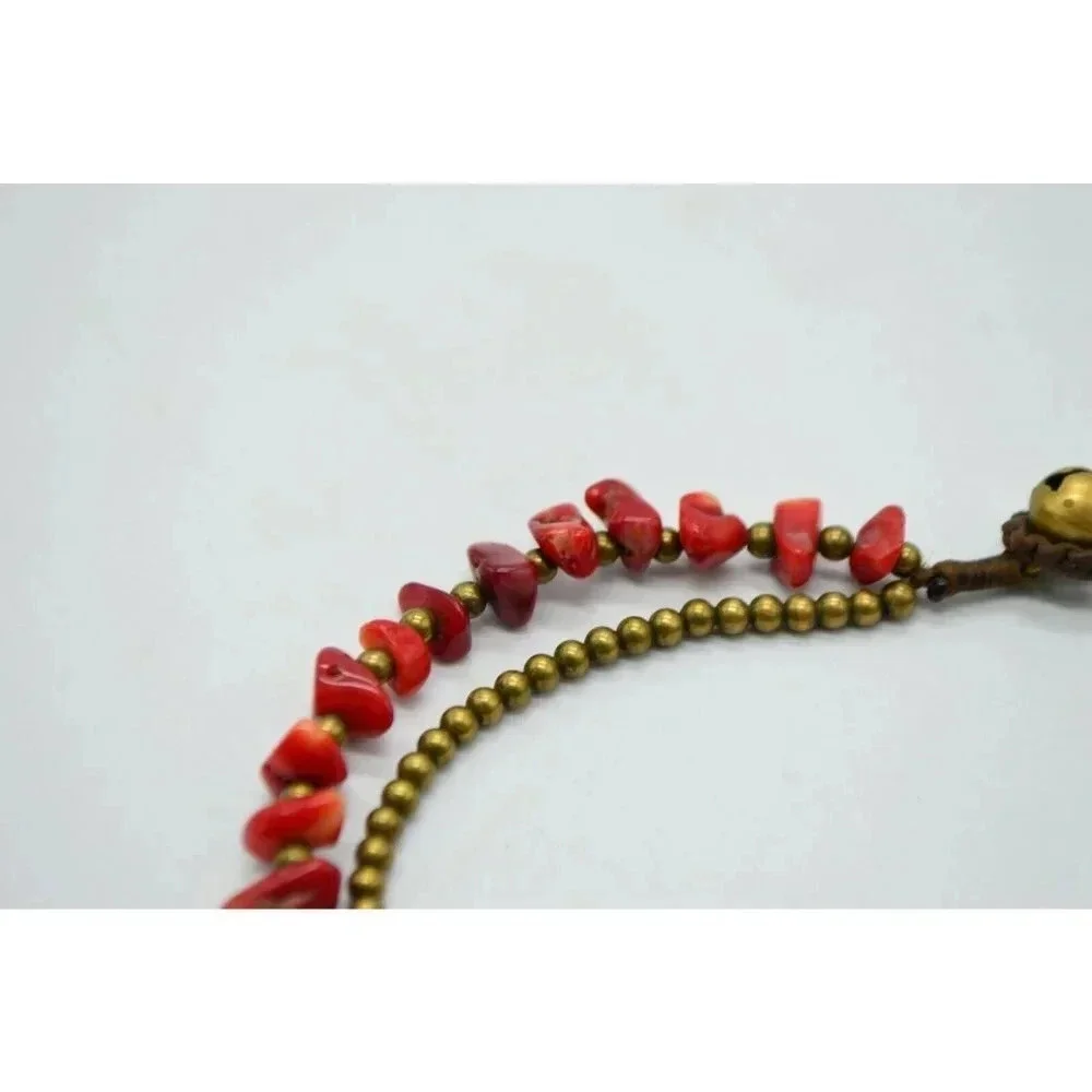 Child's Red Coral Brass Bead Beaded Choker Necklac